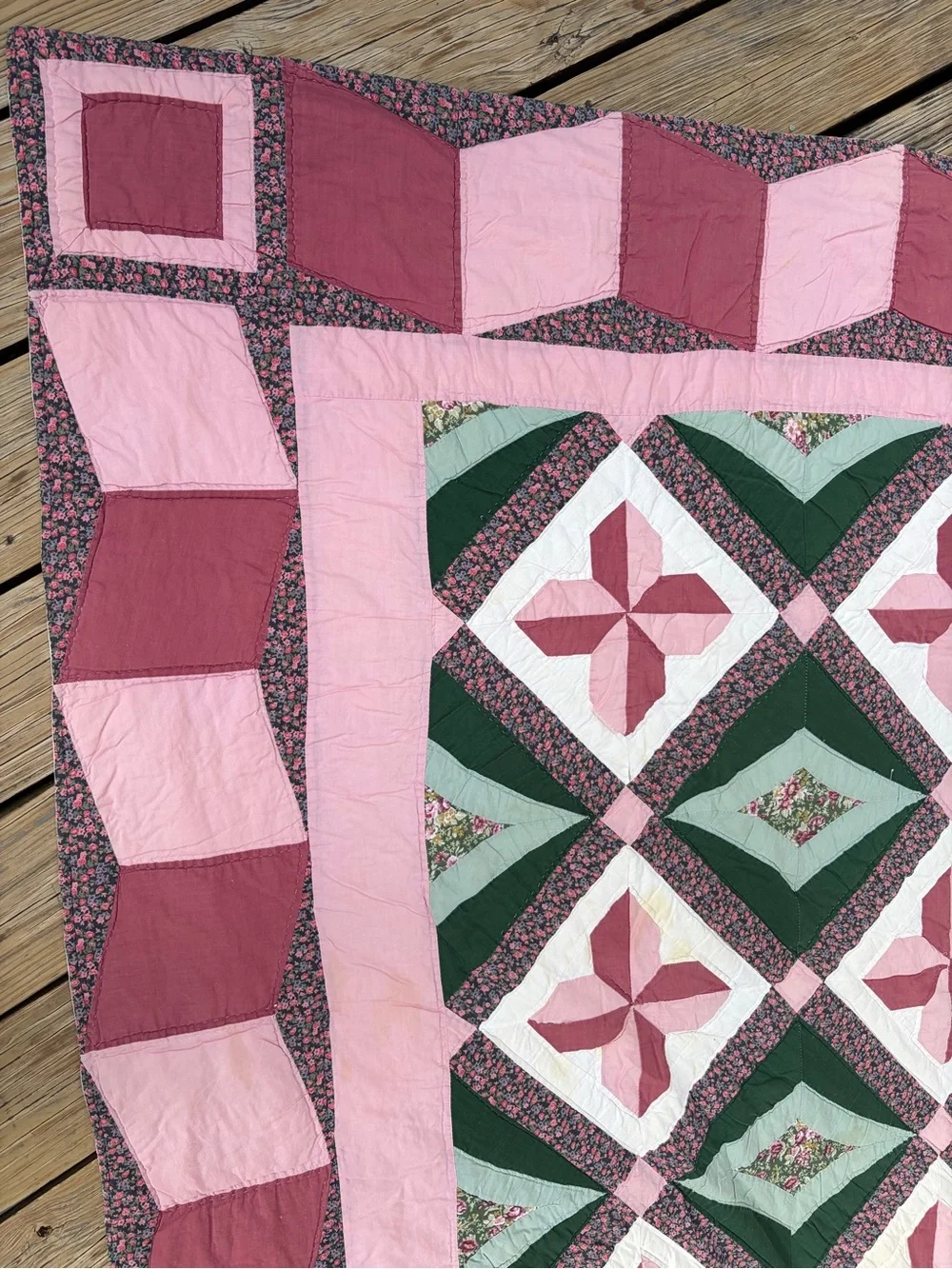 Handmade Pink and Green Patchwork Quilt - Floral Pinwheel Design VINTAGE stains